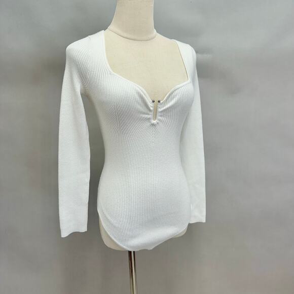 Abercrombie & Fitch Ivory Ribbed Plunge‎ Knit Long Sleeve Bodysuit Size Small - Picture 8 of 16
